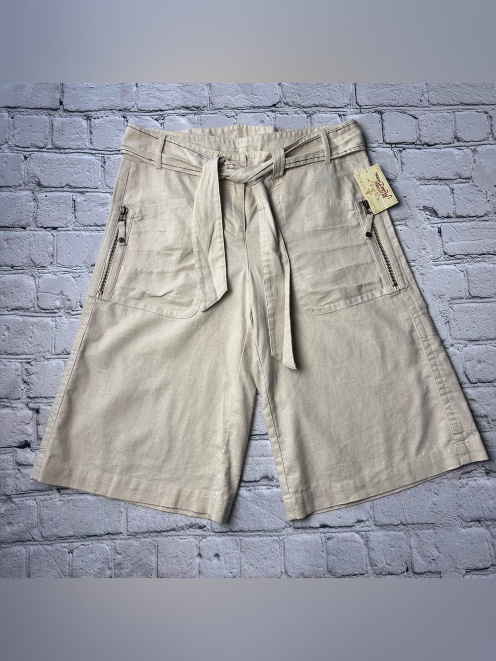 Vintage Y2K Boho Miss Bisou Khaki Linen Wide Leg Capris Cropped Pants Size 5